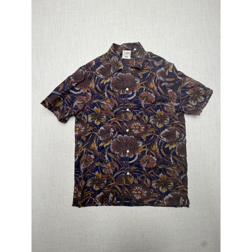 Murano Baird McNutt Linen Shirt Mens Large Slim Fit Floral Short Sleeve Blue L